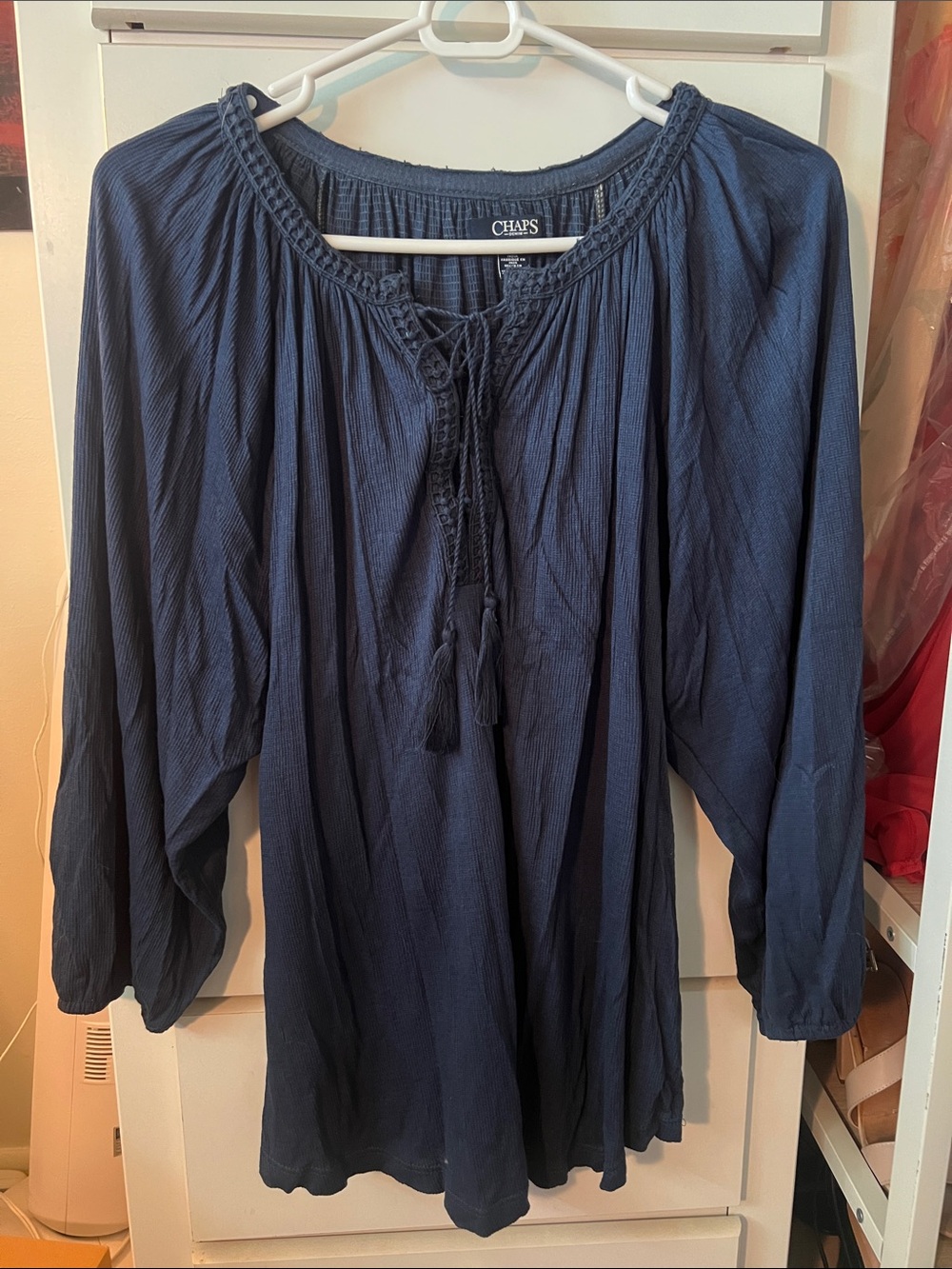 Chaps Navy Peasant Tunic with Braided Tassel Detail